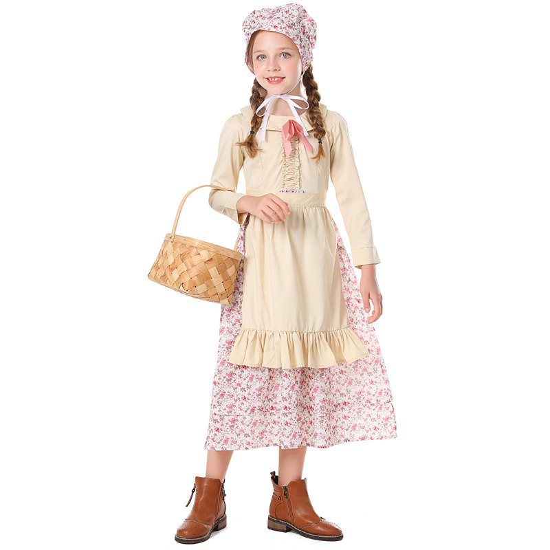 Kids Wolf Grandma Cosplay Costumes Floral Print Dress for Stage Drama Party